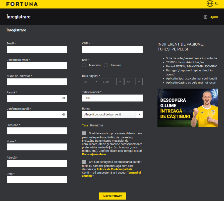 inregistrare cont nou Fortuna online